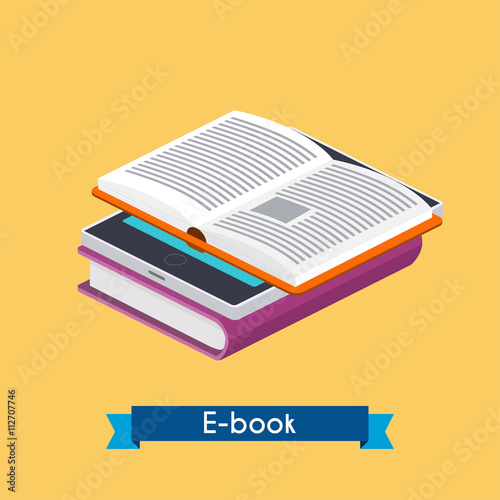 Flat 3d isometric e-book reader and books. Online reading. E-lea