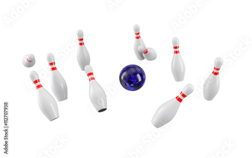 Bowling Ball crashing into the pins. 3D rendering