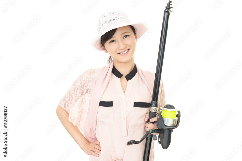 釣竿を持つ女性 釣竿を持つ女性