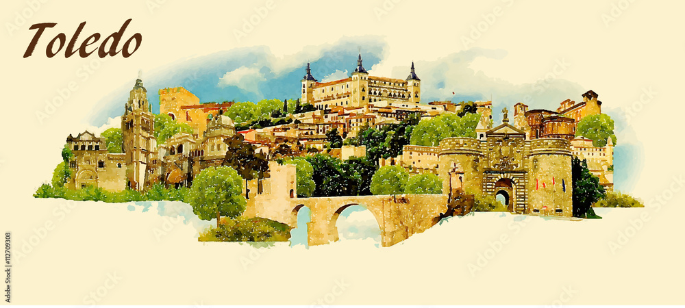 Obraz premium vector panoramic water color illustration of TOLEDO city