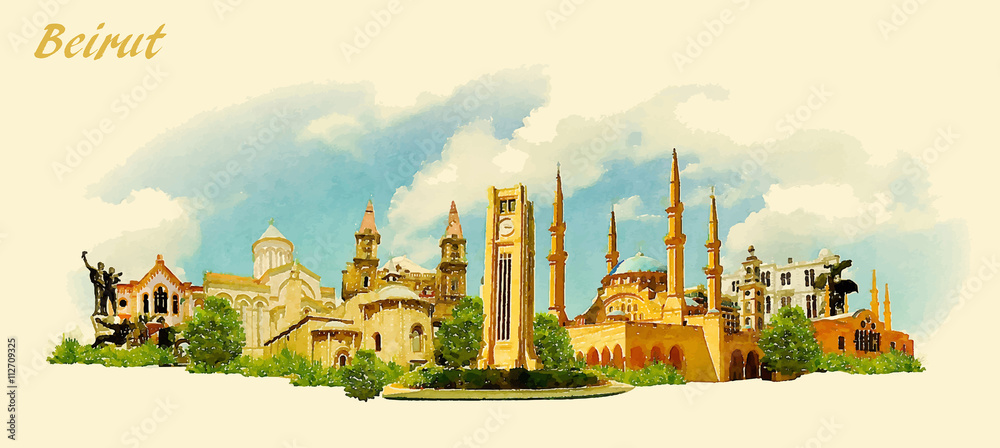 vector panoramic water color illustration of BEIRUT city - obrazy, fototapety, plakaty 