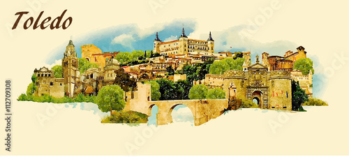 vector panoramic water color  illustration of TOLEDO city