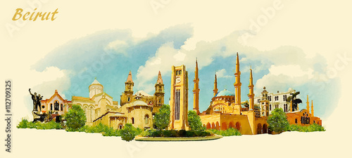 Tableau sur toile vector panoramic water color illustration of BEIRUT city