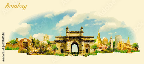 vector panoramic water color illustration of BOMBAY city