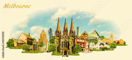 vector panoramic water color illustration of MELBOURNE city