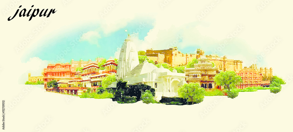 JAIPUR (India) vector panoramic water color illustration