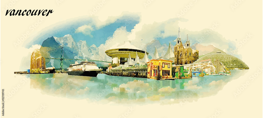 Fototapeta premium VANCOUVER city water color panoramic vector illustration