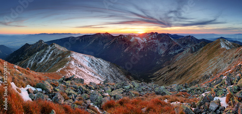 Mountain sunset panorama in West Tatras