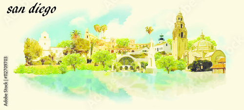 SAN DIEGO vector panoramic water color illustration