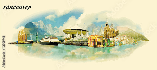 VANCOUVER city water color panoramic vector illustration