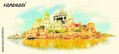 VARANASI vector panoramic water color illustration