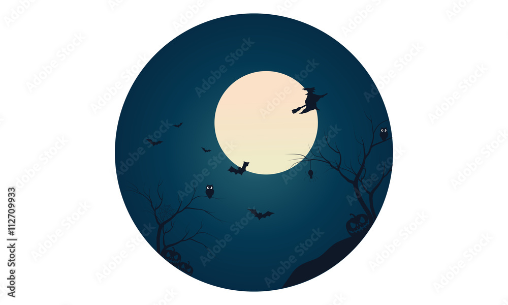 Silhouette of witch and bat flying