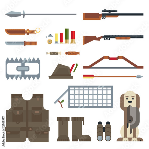 Flat modern design vector icons set of real man tools and equipment. Icon collection in stylish colors of gentleman hunting things, stuff, goods, items, elements, objects. Vector illustration.