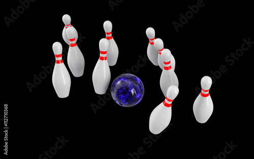Bowling Ball crashing into the pins. 3D rendering