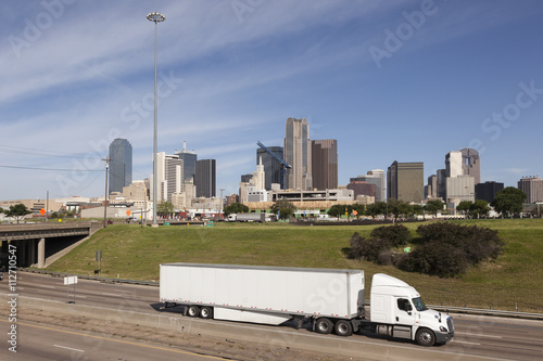 Truck in front of Dallas downtown