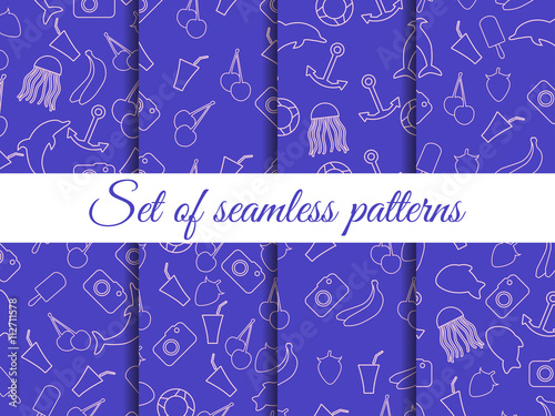 Seamless summer pattern. Summer seamless background. Summer pattern with fruit and summer objects.