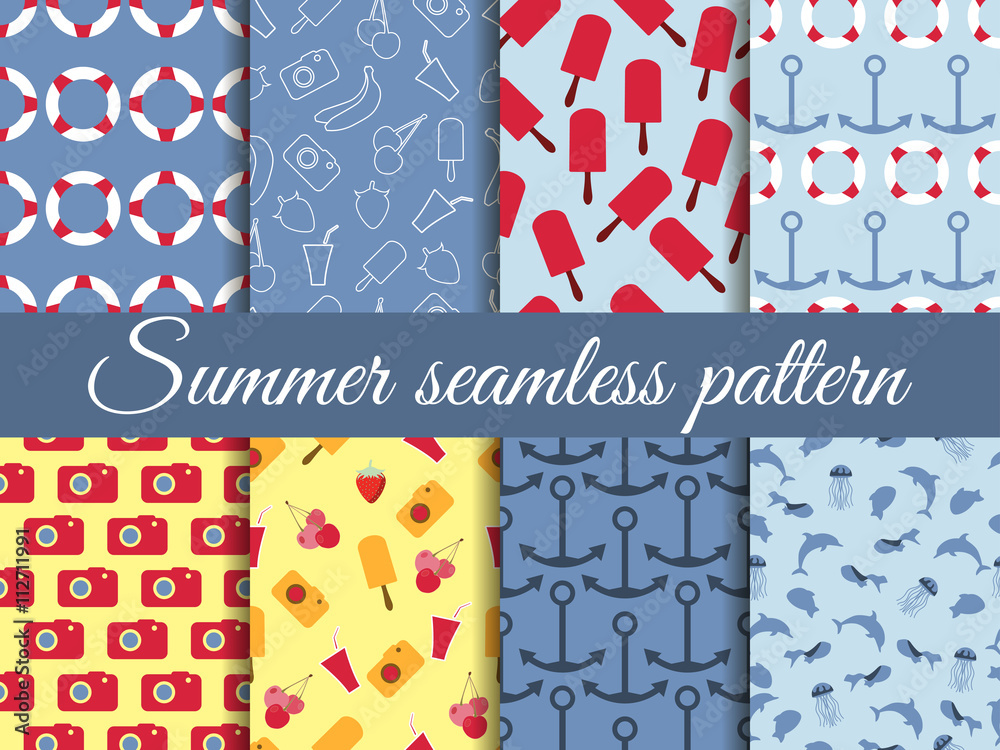 Seamless summer pattern. Summer seamless background. Summer pattern with fruit and summer objects.