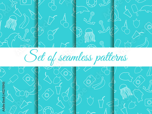 Seamless summer pattern. Summer seamless background. Summer pattern with fruit and summer objects.