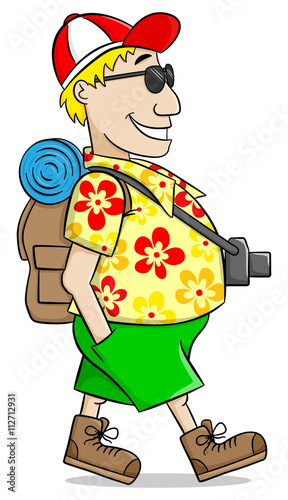 Cartoon Tourist mit Kamera, Sonnenbrille und bunten Hemd 