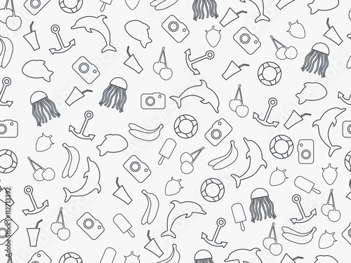 Seamless summer pattern, summer seamless background, summer pattern with fruit and summer objects, many elements of the pattern. Monochrome.
