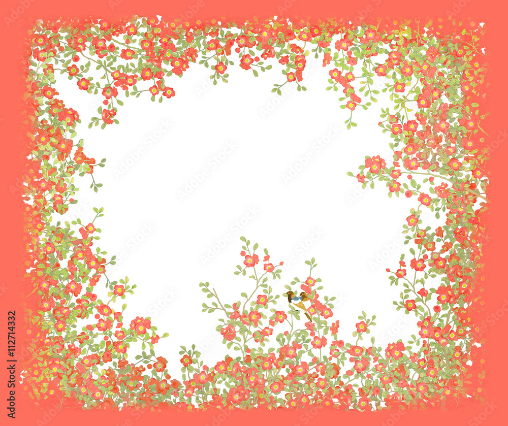 동백꽃으로 둘러쌓인 새커플이 있는 화조도