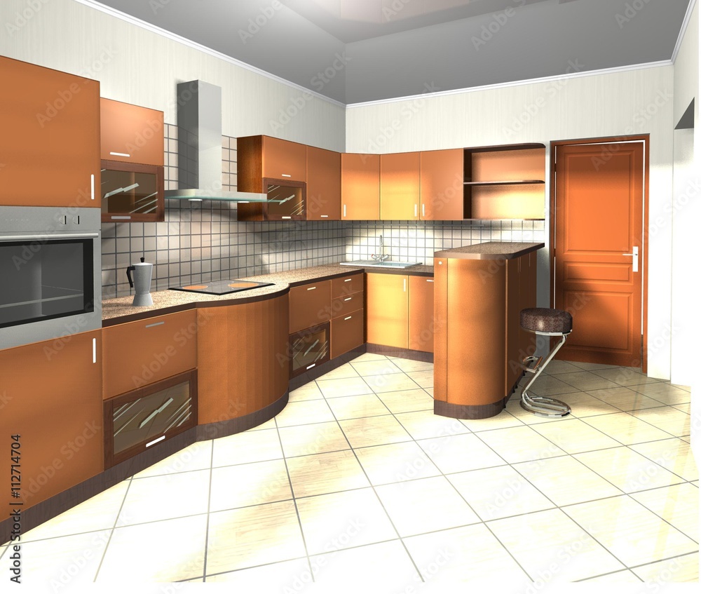 design modern orange kitchen furniture 3D rendering design modern orange kitchen furniture 3D rendering