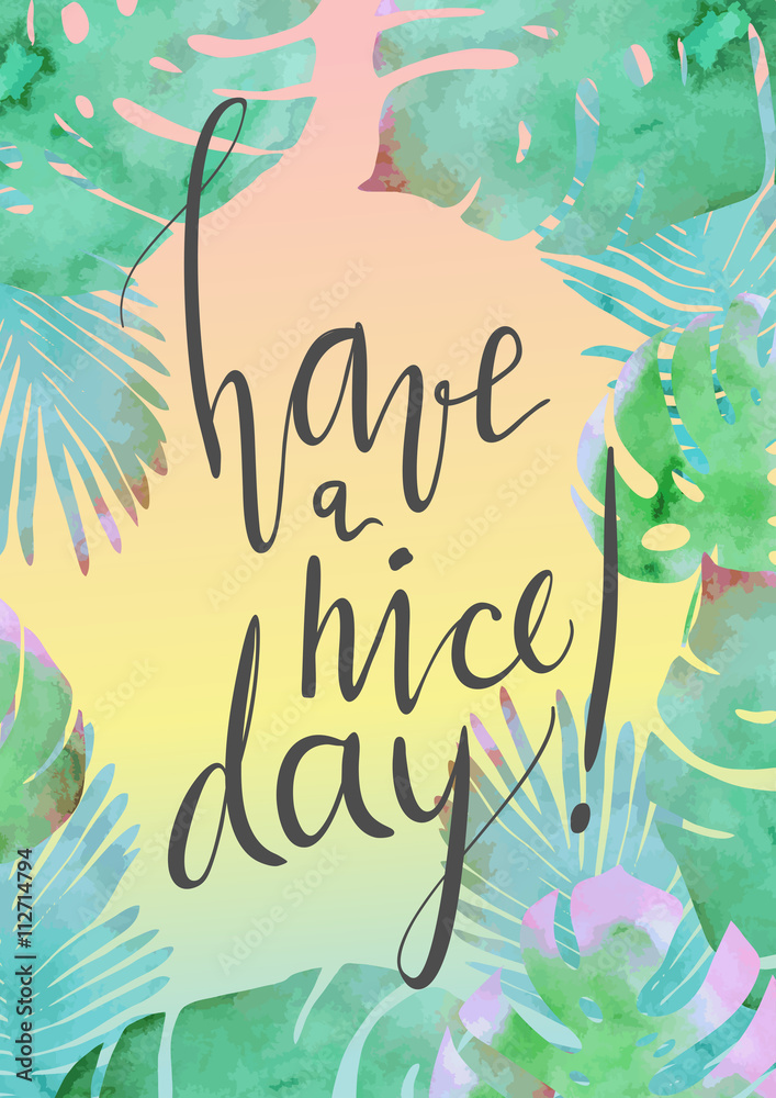Trendy tropical jungle style vector illustration. Paint textured palm-tree leaves botanic frame backdrop and hand written lettering card. Exotic green, blue, pink plants texture.