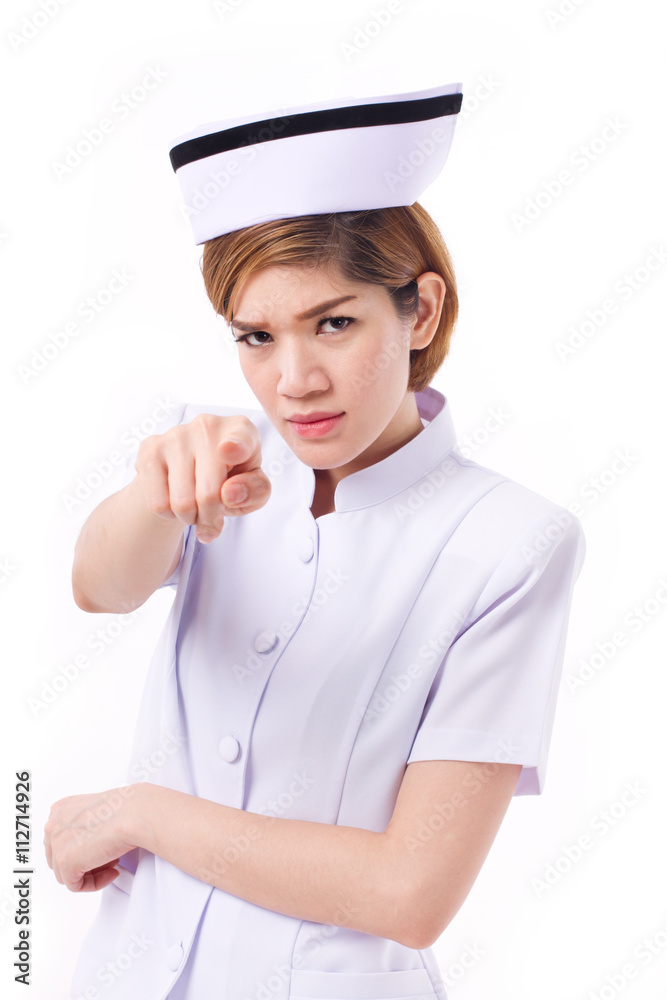 angry nurse pointing at you, studio isolated angry nurse pointing at you, studio isolated