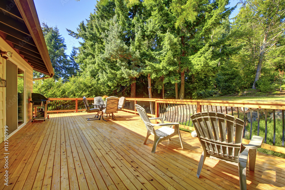 Obraz premium Large frsehly painted new wooden deck with nice summer green bac