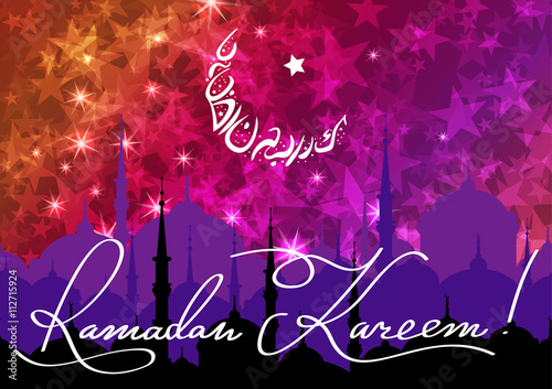 Ramadan Kareem greeting card with a silhouette of Arabic lamp and hand drawn calligraphy lettering on abstract night cityscape background. Glitter stars background. Translation generous Ramadhan.