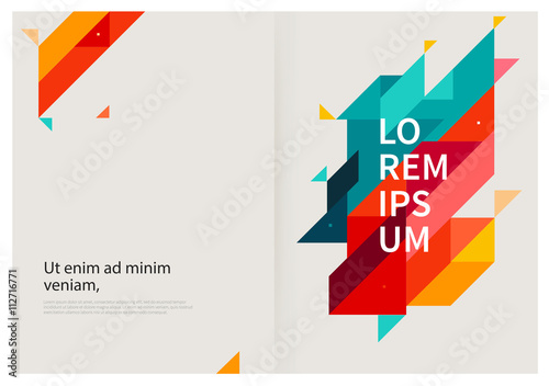 Minimalistic White cover Brochure design. Flyer, booklet, annual report cover template. modern Geometric Abstract background. Blue,yellow and red diagonal lines & triangles. vector-stock illustration