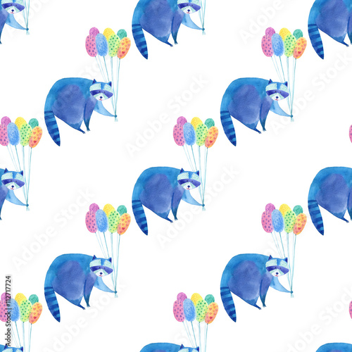 Bezszwowy wzór z błękitnym szop pracz i kolorowym balonem Akwareli ręka rysująca ilustracja Biały tło Zwierzęta ilustracyjne.
