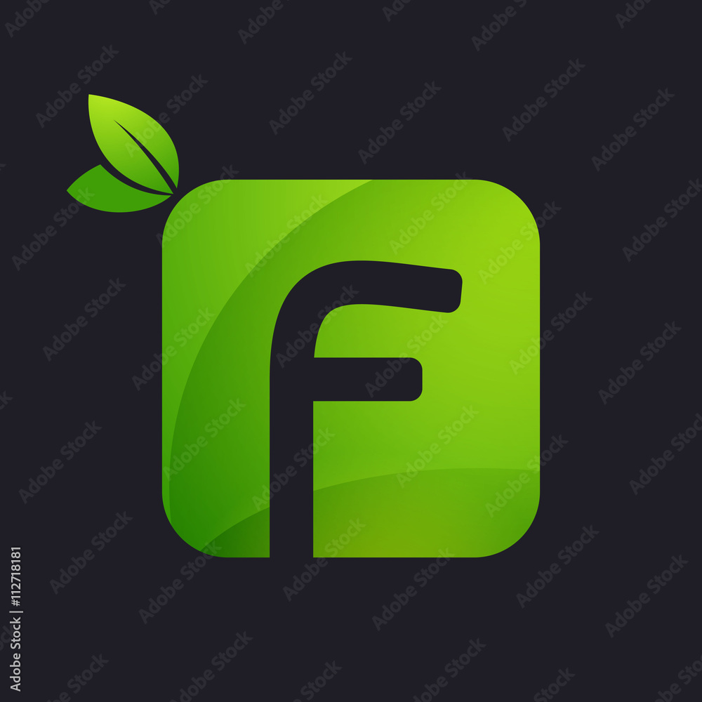 F letter logo with square and green leaves.