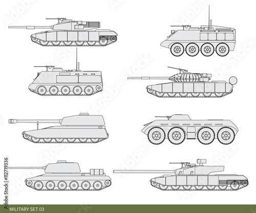 Vector illustration. Military set tanks: a self-propelled gun, a howitzer, an armored personnel carrier, an infantry fighting vehicle, armored vehicles.