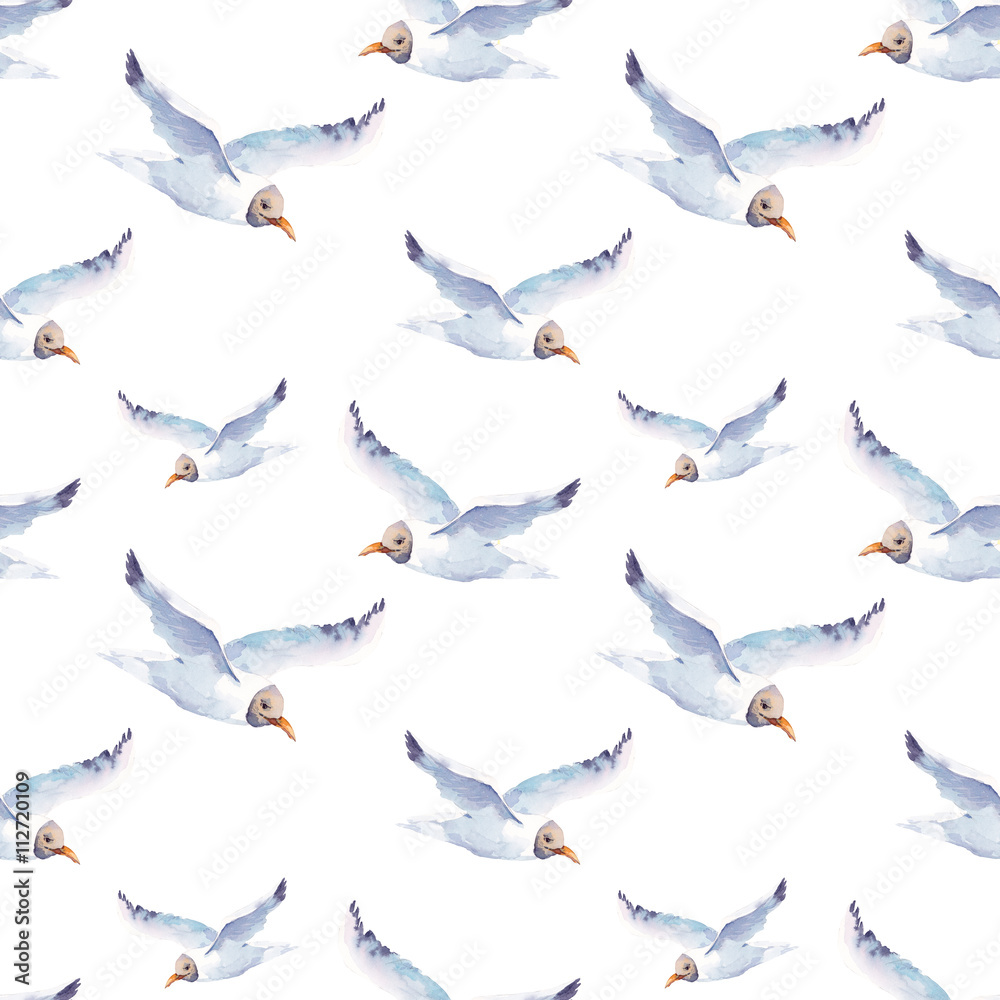 Obraz premium Summer watercolor seamless pattern with sea gull