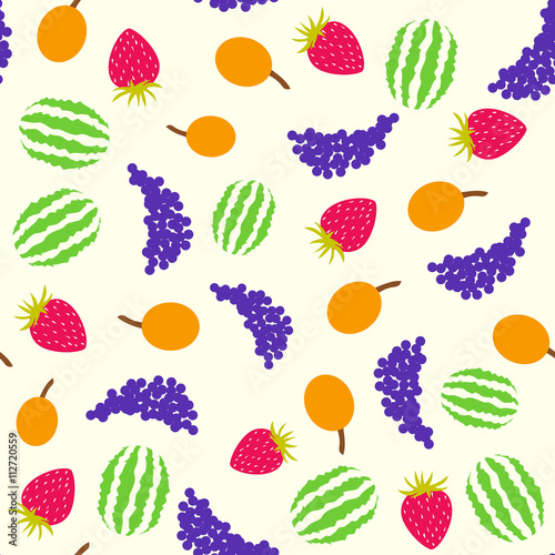 Vector seamless pattern with fruits icon. Grape, strawberry, watermelon, apricot. 