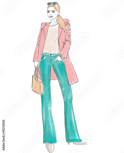 illustrazione di ragazza bionda che indossa jeans
