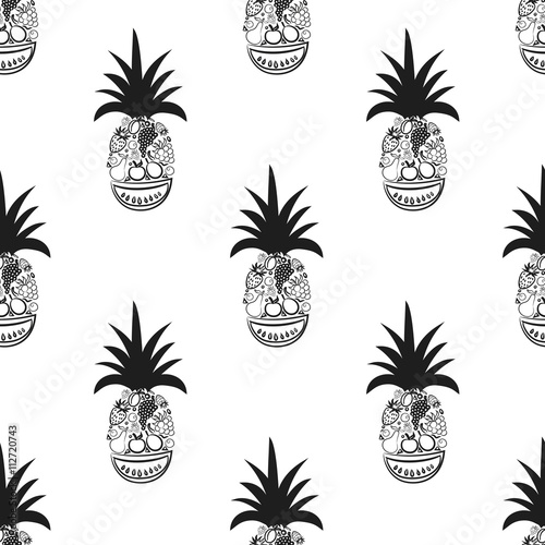 Vector seamless pattern with pineapple and other fruits inside. 