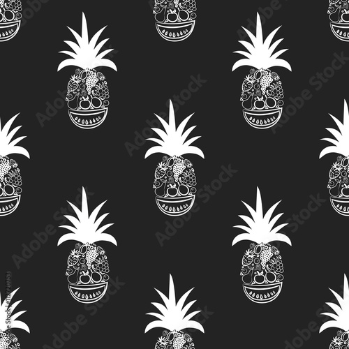 Vector seamless pattern with pineapple and other fruits inside. 