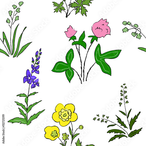 Wildflowers and grass seamless texture