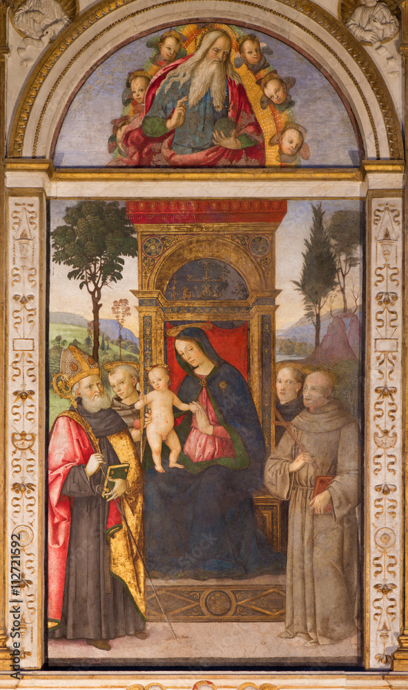 ROME, ITALY - MARCH 9, 2016: The fresco Madonna with the child and saints by Aiuto del Pinturicchio (1489 - 1491) in Basso della Rovere chapel in church Basilica di Santa Maria del Popolo.