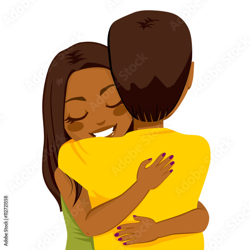 Beautiful young African American woman hugging man with tender love and passion
