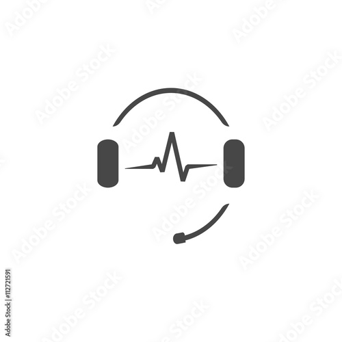Headphones with microphone and sound waves beats, concept of radio station logo, dj disco symbol, broadcasting studio label, customer support emblem flat back icon, modern design vector illustration