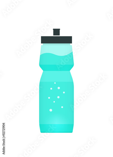 Sport bottle with blue water vector illustration, energy drink concept with babbles and water wave, sports equipment modern design isolated on white