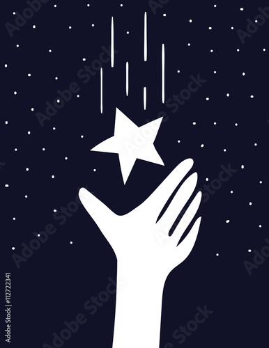A stylized hand reaches up to catch a falling star in a the night sky full of stars