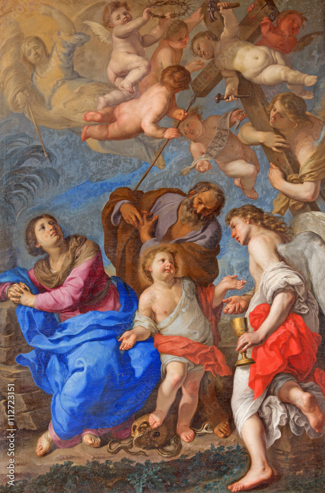 Fototapeta ROME, ITALY - MARCH 9, 2016: The Holy Family with angels and symbols of the passion by Bernardino Mei (1659) in transept of church Basilica di Santa Maria del Popolo.