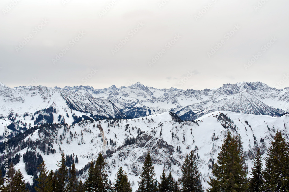 Panoramic scene of snow-covered alpine mountains