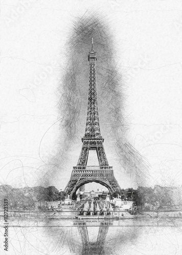 Pencil Sketch of Eiffel Tower with Pool Reflection © XtravaganT