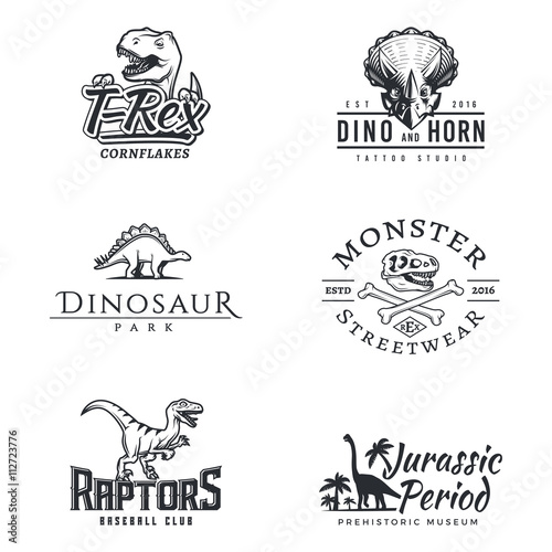 Dino logo set. Dinosaur logotype. Raptor sport mascot design. Vector T-rex label template. Jurassic period illustration. Dino park insignia concept. Ancient world badge collection