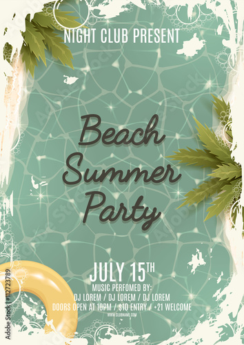 Hello summer Beach party retro flyer. Beautiful background on the sea topic with palm trees. Retro party invitation. Vector illustration.